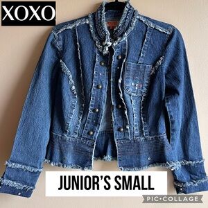 VTG XOXO Juniors Jean Jacket Y2K Denim Long Sleeve Distressed Bedazzled Hilary S